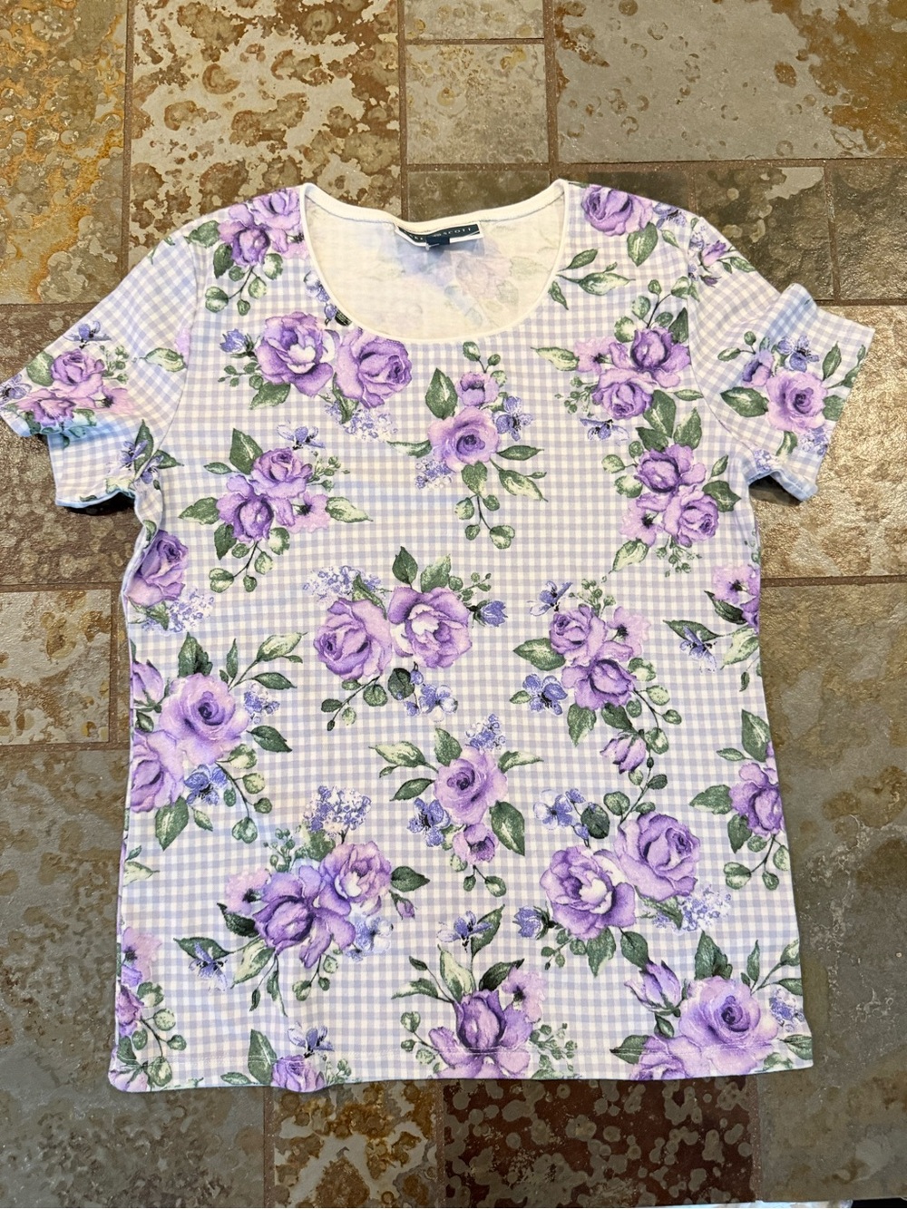Karen Scott Lavender Floral Gingham Short Sleeve Tee